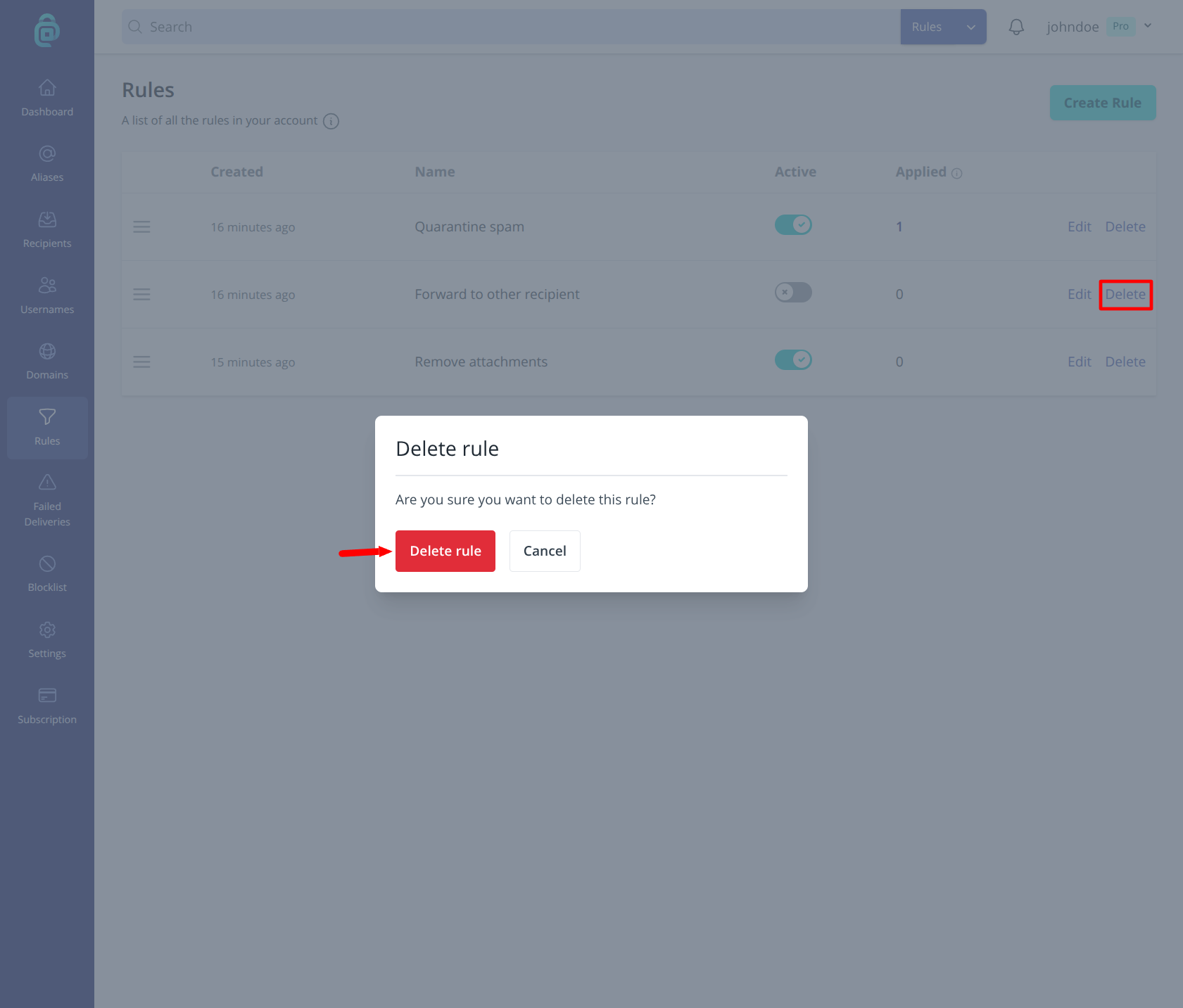 Delete rule option in addy.io