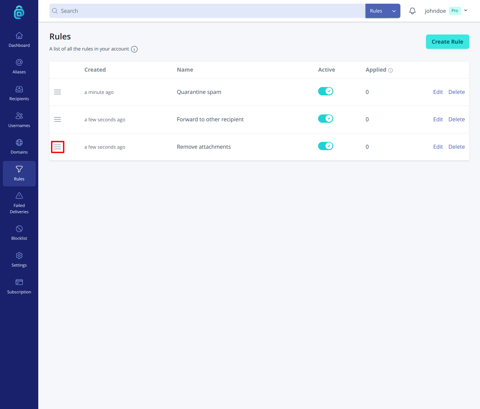 Rule order list in addy.io