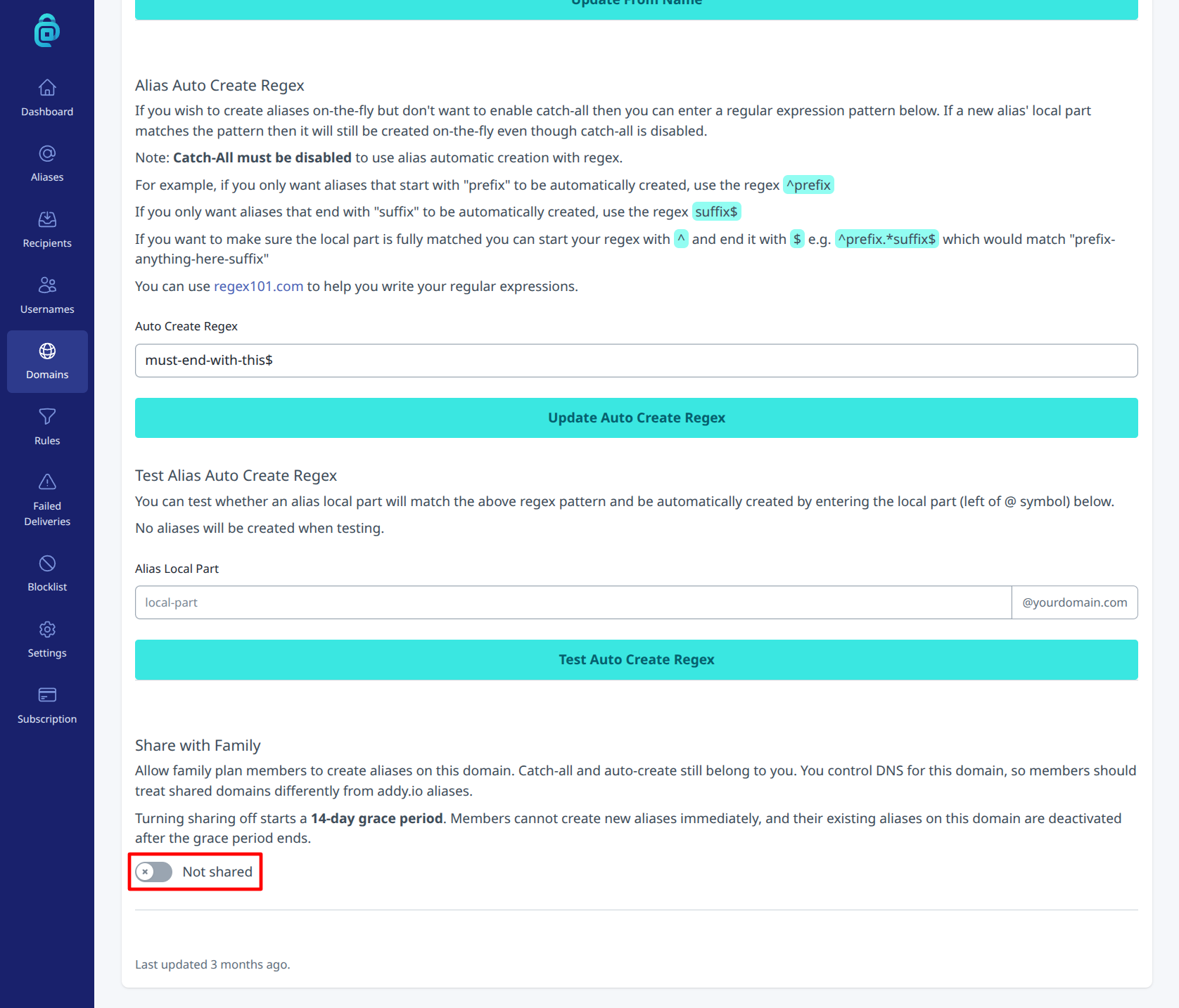 Share a custom domain with family members