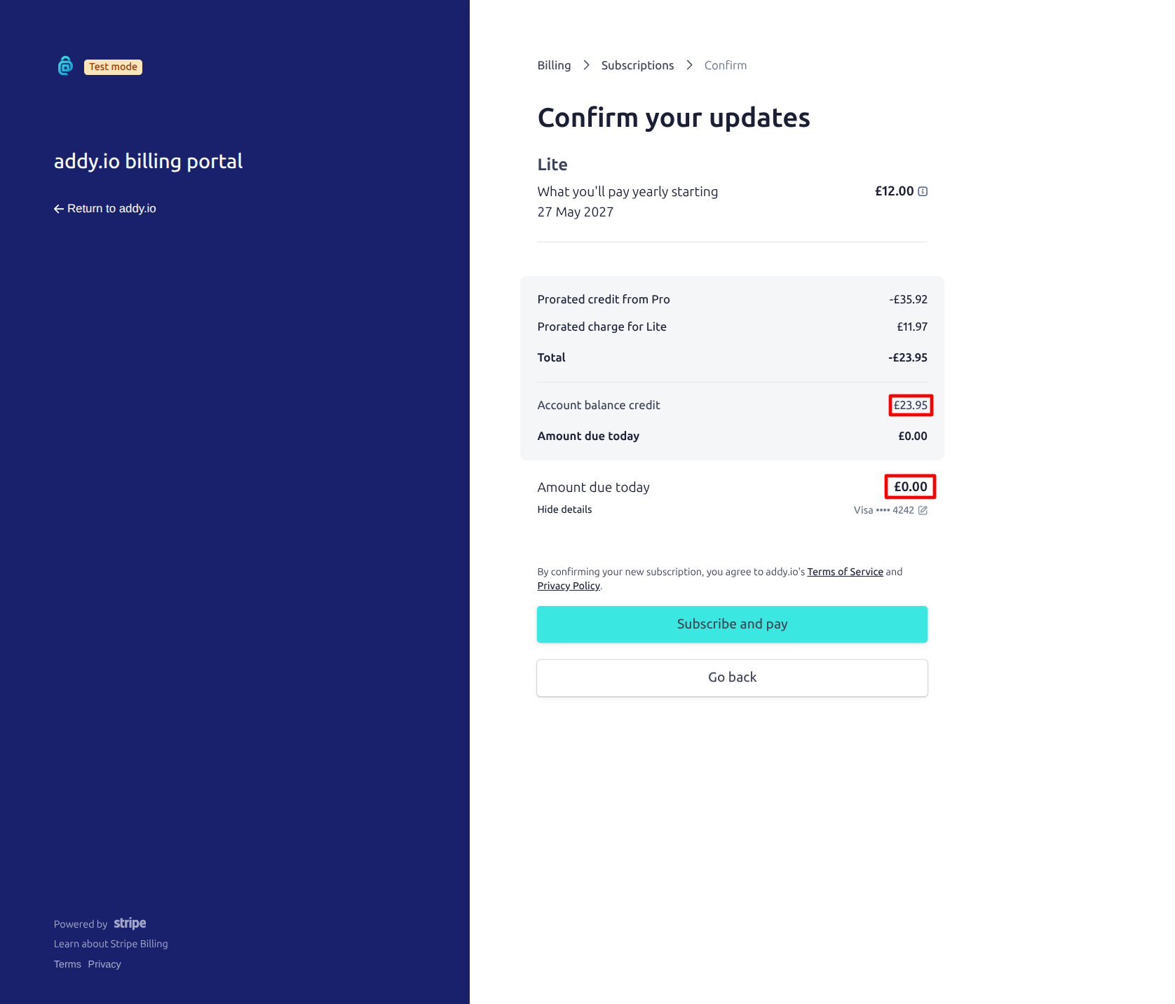 Downgrading subscription in Stripe