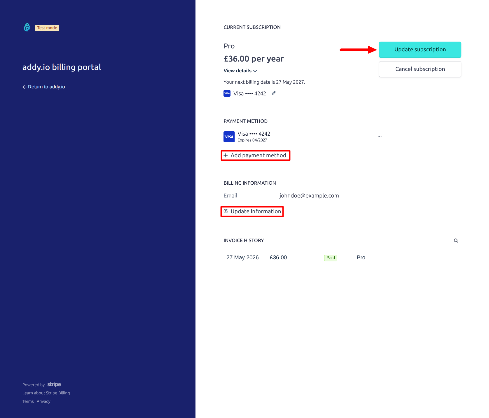 Managing subscription in Stripe