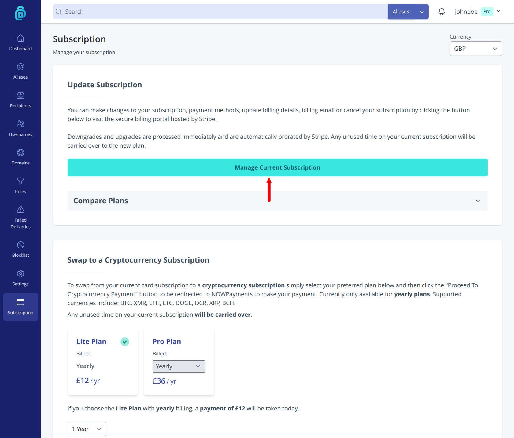 Managing subscription in addy.io