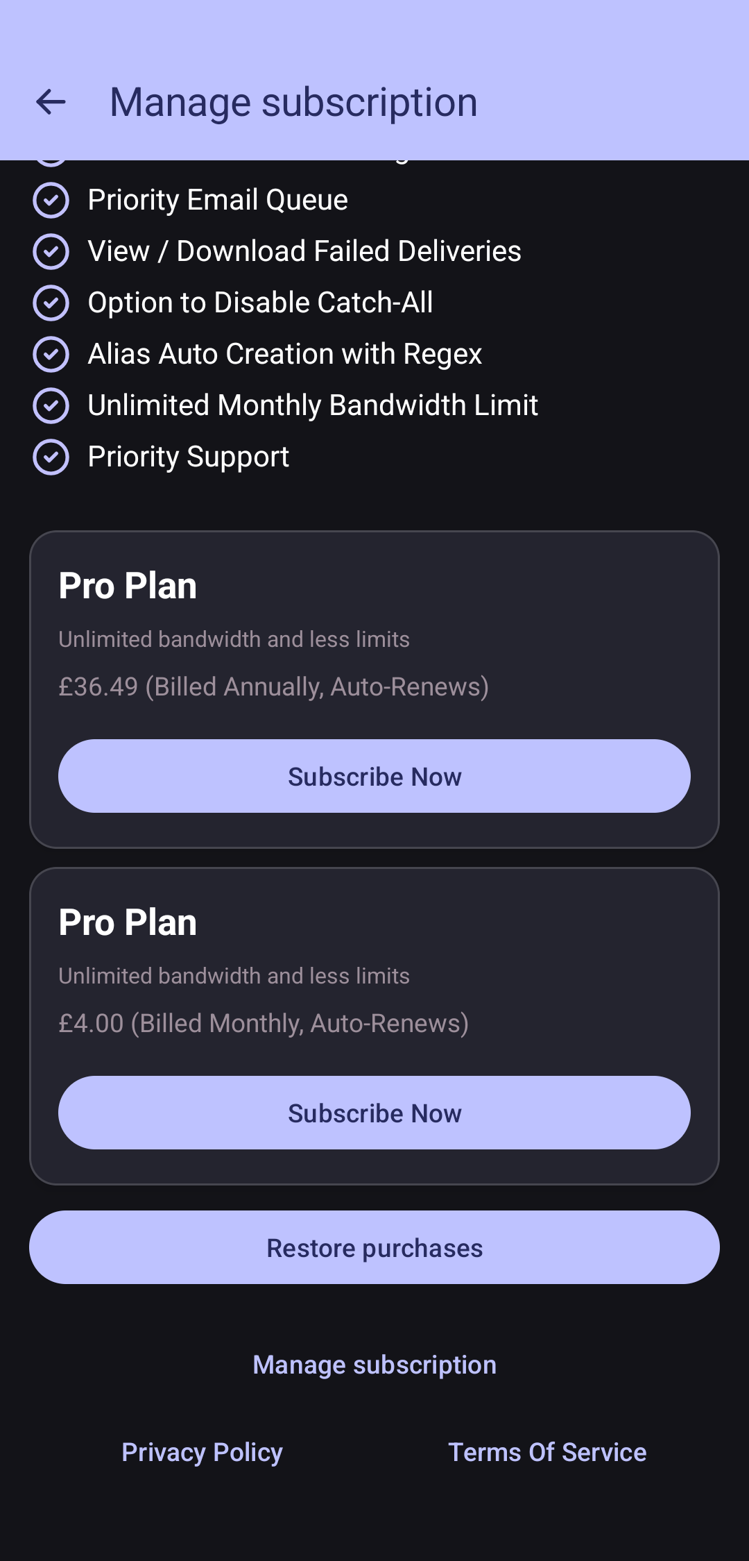 Subscribe via Google Play in addy.io app