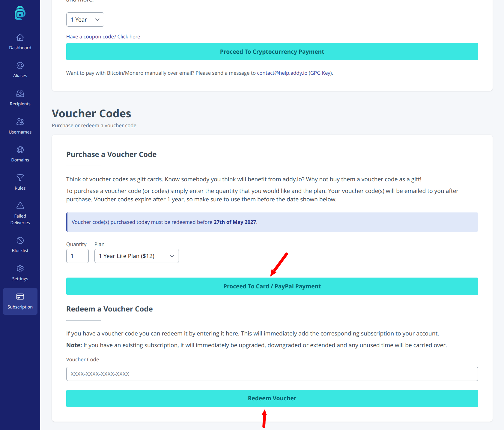 Voucher codes section in addy.io