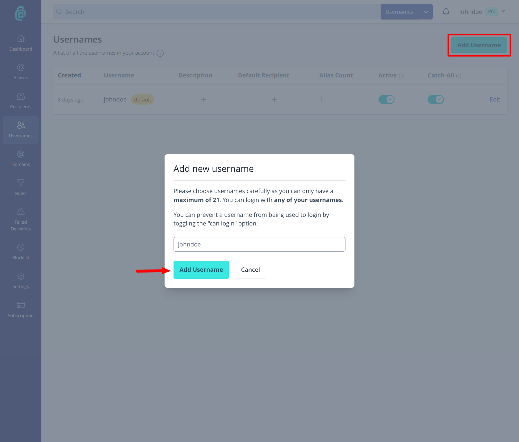 Add additional username in addy.io