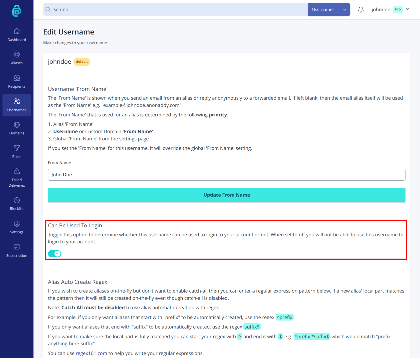Can Be Used To Login setting for a username in addy.io