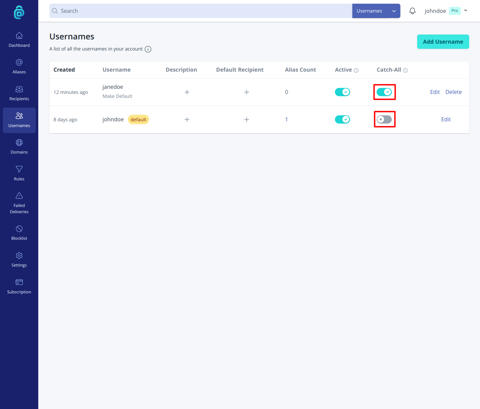 Catch-all and alias auto create regex for a username in addy.io