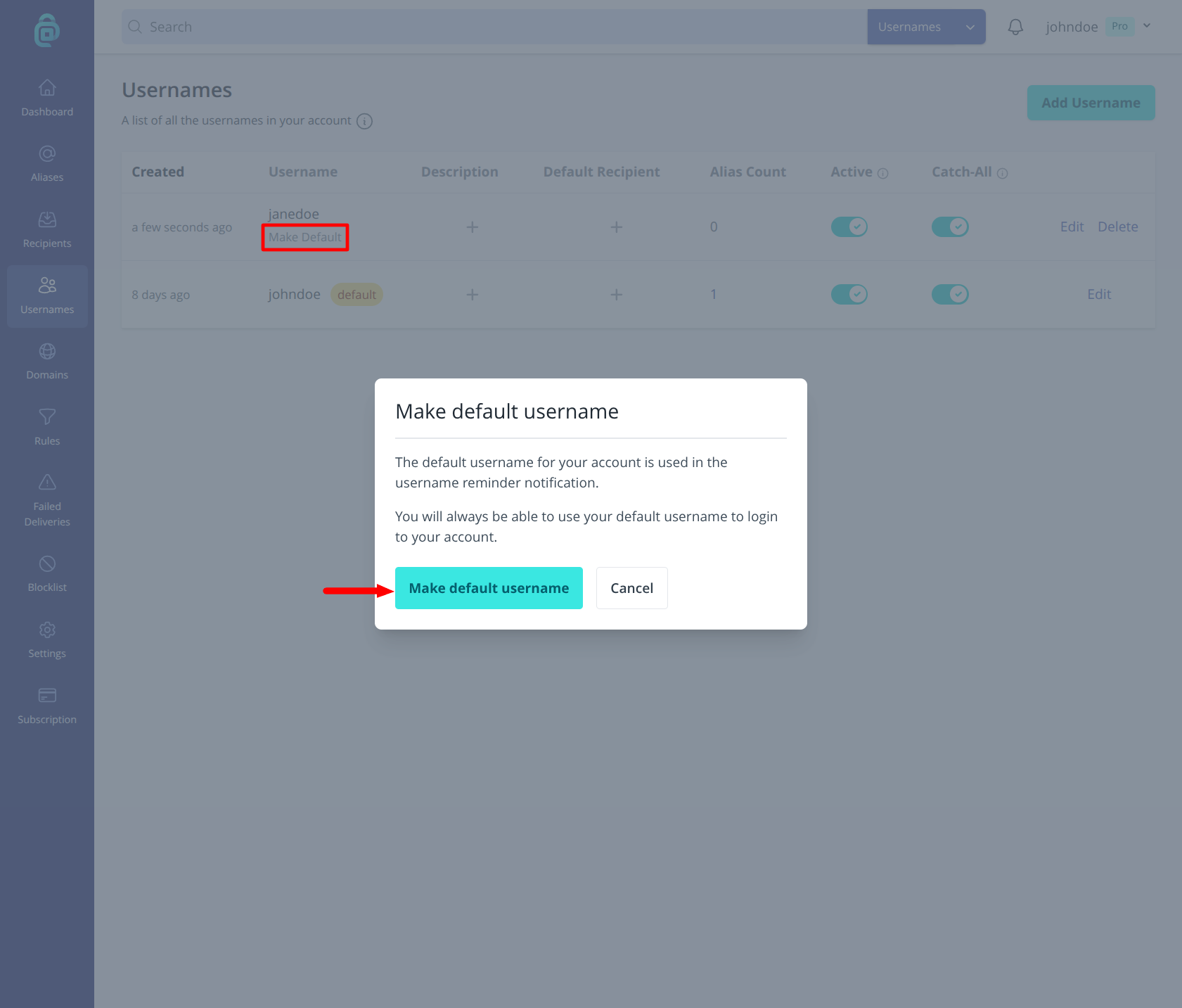 Default username setting in addy.io