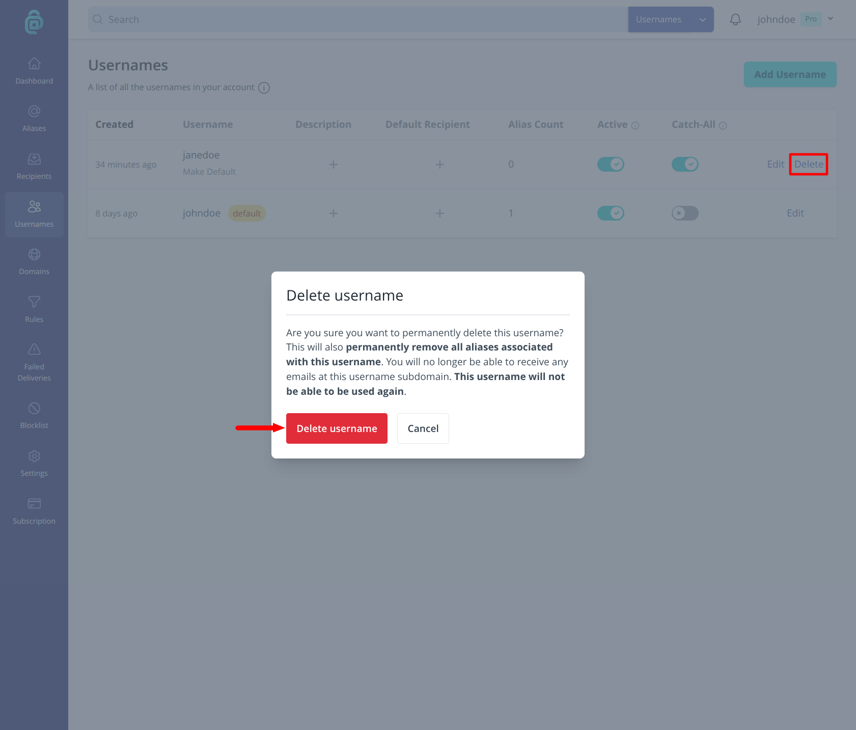 Delete username option in addy.io