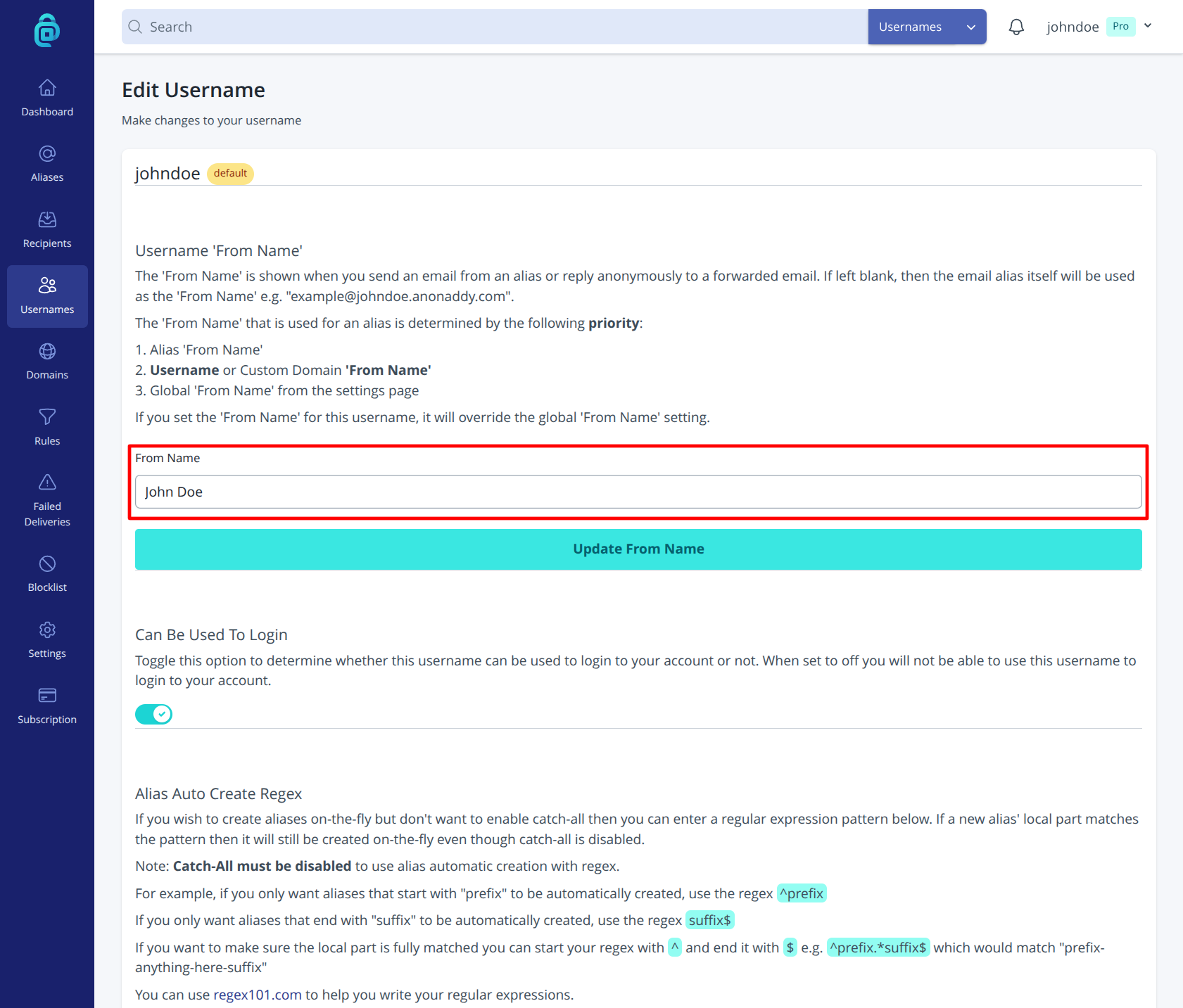 Display from name for a username in addy.io