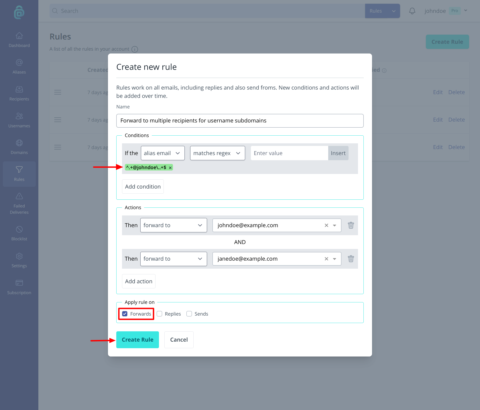 Multiple default recipients for a username