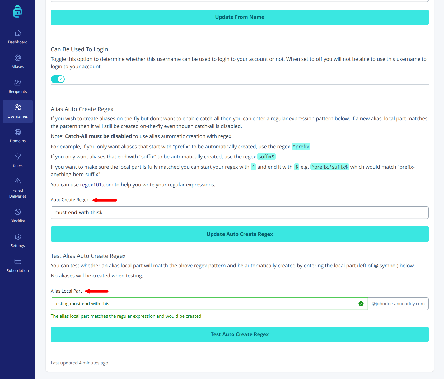 Auto create regex for a username
