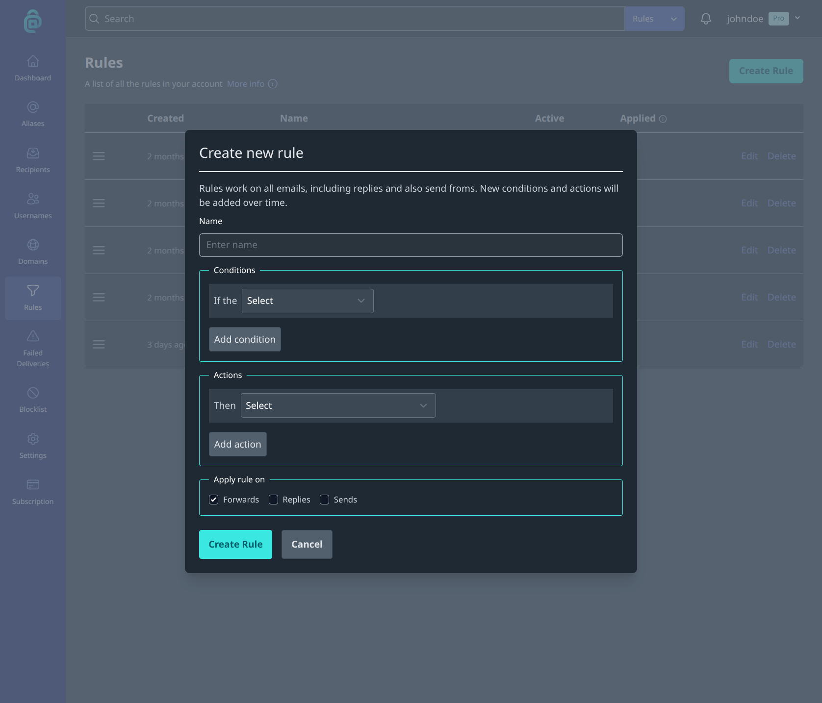 Creating a rule in addy.io